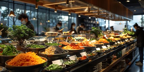 Fototapeta premium A bustling indoor market, adorned with a colorful display of dishes, invites a person to indulge in the endless options of delectable cuisine at the extravagant buffet