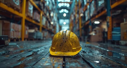 Amidst the hustle and bustle of the city, a lone yellow hard hat sits on the cold wooden floor of a warehouse, a symbol of the hard work and determination that goes into building a thriving metropoli