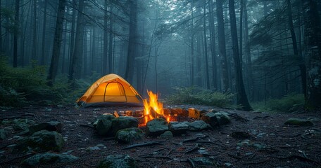 A cozy campfire illuminates the misty forest as a lone tent stands among the towering trees, offering a peaceful retreat in the midst of nature's embrace