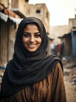 Portrait of smiling arab woman on poor slums area background from Generative AI