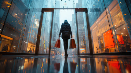 Woman walking automatic glass doors carrying multiple shopping bags urban at shopping mall , seasonal sales or holiday shopping, excitement of fashion, luxury, high-street brands, consumer trends - obrazy, fototapety, plakaty