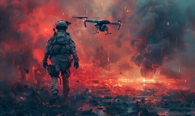 As the man in military uniform controls the drone above the raging fire, he readies his weapon for the intense battle ahead in this action-packed adventure game and film, surrounded by the smoke and  - obrazy, fototapety, plakaty