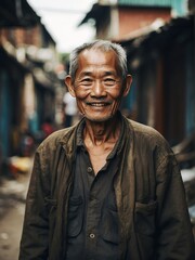 Portrait of smiling elderly asian man on poor slums area background from Generative AI