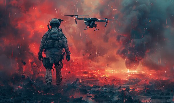 As the man in military uniform controls the drone above the raging fire, he readies his weapon for the intense battle ahead in this action-packed adventure game and film, surrounded by the smoke and 