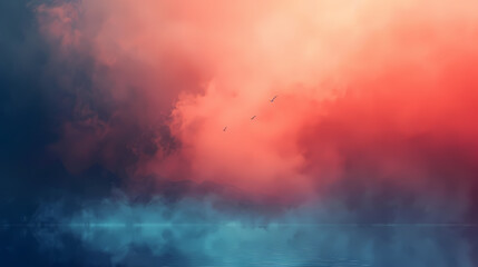 Fototapeta premium Vivid Sunset Clouds Reflecting on Water in Shade of Orange and Green Hues