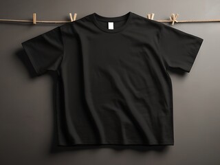 Black t-shirt hanging on a hanger on a gray background