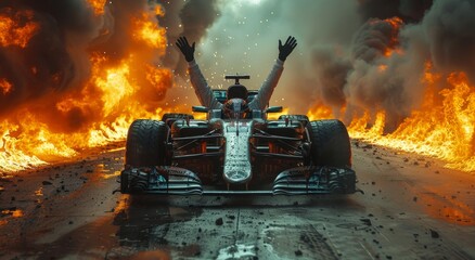 A fierce race car competition turns deadly as a fiery explosion engulfs the vehicle, filling the air with thick smoke and polluting the once pristine outdoor track - obrazy, fototapety, plakaty