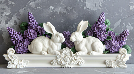 White rabbit figurines on the shabby shelf with lilac flovers. Spring ot easter holiday banner