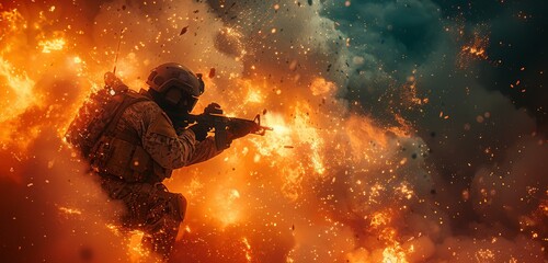 A fiery blast of violence erupts as a man in a helmet stands, gun raised, amidst the intense heat and destruction of an explosion