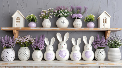 Obraz na płótnie Canvas White rabbit figurines on the shabby shelf with lilac flovers. Spring ot easter holiday banner