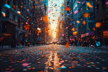 A vibrant city street at night, illuminated by the glowing lights of buildings and the gentle rain, as colorful confetti falls from above, creating a whimsical and celebratory atmosphere