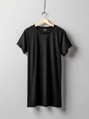 Naklejka premium Black t-shirt hanging on a hanger on a gray background, Blank t-shirt mockup