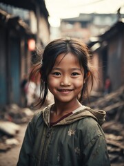 Portrait of smiling young chinese kid girl on poor slums area background from Generative AI