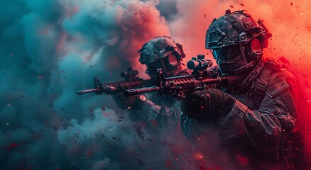 Armed and ready, a squad of soldiers brandishes their deadly weapons in a high-stakes battle for survival in a digital world of intense action and adrenaline-fueled combat - obrazy, fototapety, plakaty