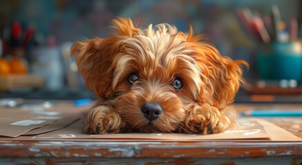 A loyal and loving yorkipoo companion dog, with its soft brown fur and playful energy, rests peacefully on an indoor table, embodying the true essence of a beloved family pet