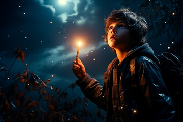 A boy with a flashlight in his hand looks into the night, starry sky.