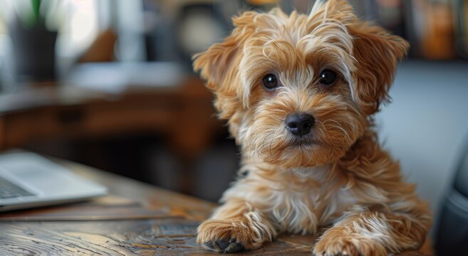 A fluffy yorkipoo puppy gazes up at its owner with adoration as it lounges on a table, showcasing the perfect mix of playful terrier and elegant poodle in its small havanese frame