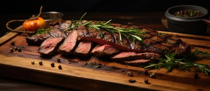 Grilled marinated beef flank steak served on a wooden board, cooked to perfection.