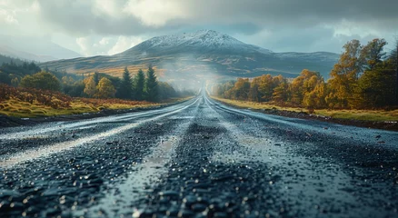 Foto op Aluminium A solitary road winds through a misty landscape of autumn trees and rugged mountains, under a moody sky and rain-kissed clouds © Larisa AI