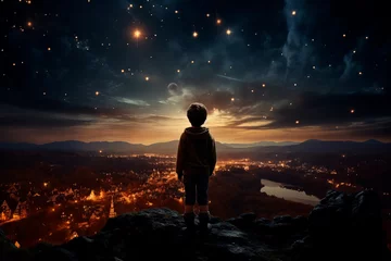 Fensteraufkleber The boy looks up into the night sky, the evening starry sky. © EUDPic