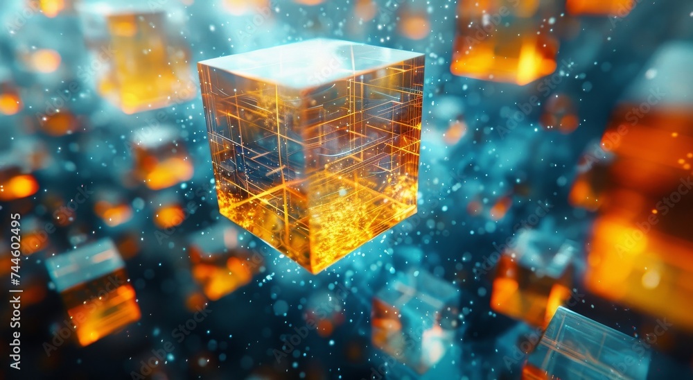 Aufkleber a vibrant display of technological wonder, captured in a screenshot - an amber-hued cube adorned wit