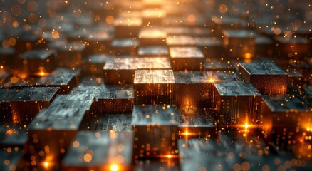 In the amber glow of the city's lights, a group of metal cubes glisten in the rain, their...