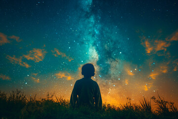 The boy looks up into the night sky, the evening starry sky. - Powered by Adobe