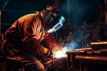 Industrial metal worker in factory sparks fly as they weld steel with arc welder  