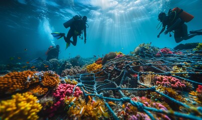 Divers Exploring Coral Reef Entangled in Fishing Net - obrazy, fototapety, plakaty