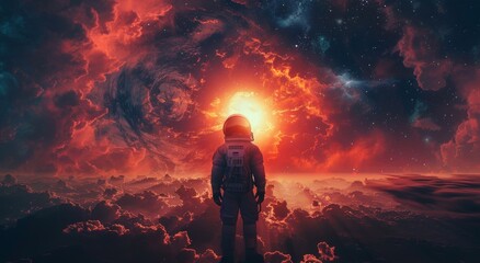 Amidst the fiery chaos of a volcanic eruption, a lone astronaut gazes in awe at the raw power of nature on a dark mountainous landscape - obrazy, fototapety, plakaty
