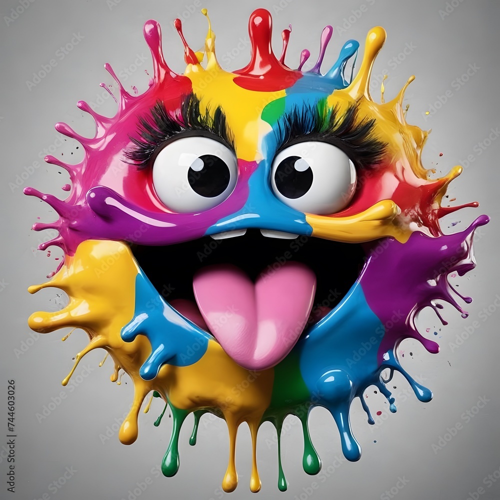 Poster a whimsical face crafted from a dynamic splash of multicolored paint beams with an infectious smile,