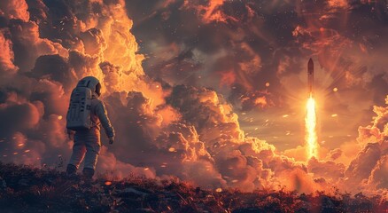 An astronaut stands amid the heat and smoke of a raging bonfire, their suit ablaze with flames, symbolizing the explosive nature of humanity's relationship with the outdoors