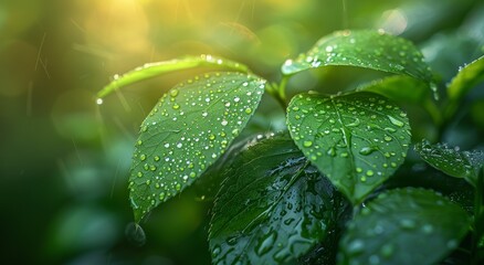 A mesmerizing glimpse into the beauty of nature, capturing the delicate moisture of dew on vibrant green leaves in the great outdoors
