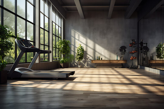 Modern gym interior with rows of treadmills. 3d rendering