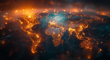 Foto op Plexiglas A glowing map illuminates the world's natural beauty, highlighting the fiery heat of volcanoes and the warm amber glow of nature's light © Larisa AI