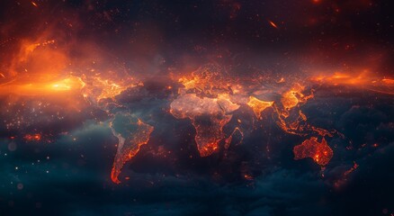 In a fiery universe, a map reveals the chaotic beauty of a lava-filled world, where swirling clouds dance among erupting volcanoes and distant nebulae paint the sky with vibrant hues - obrazy, fototapety, plakaty