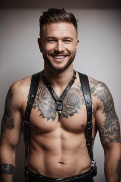 A shirtless man with tattoos on his chest and arms, wearing leather harness and smiling.