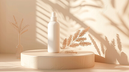 Serene spa setting with white cosmetic bottles and natural greenery casting soft shadows in a tranquil environment.