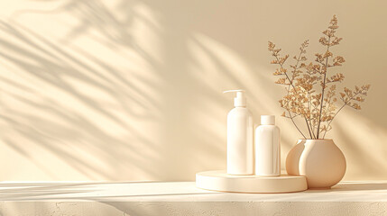 Fototapeta premium Serene spa setting with white cosmetic bottles and natural greenery casting soft shadows in a tranquil environment.