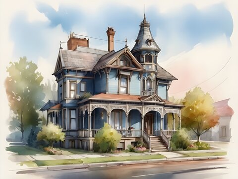 Beautiful Victorian style house in watercolor. Color the old city. 