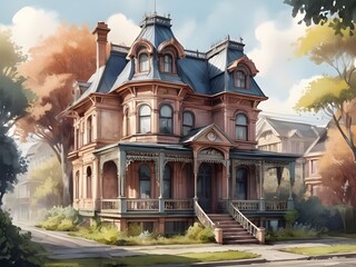 Obraz premium Beautiful Victorian style house in watercolor. Color the old city. 