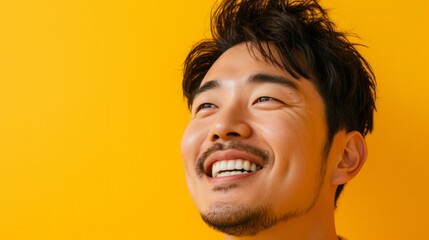 Portrait of a happy South Korean man on a yellow background smiling at the camera with copy space - obrazy, fototapety, plakaty
