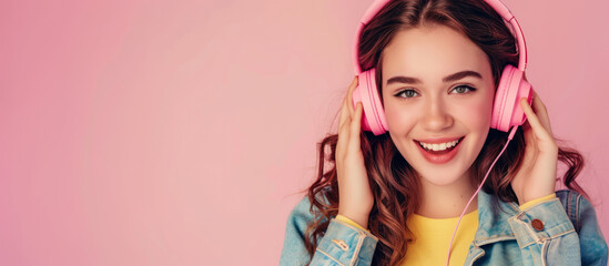 Obraz na płótnie Canvas Young positive woman in big headphones on a bright background listening to music or a podcast, banner with copyspace for text