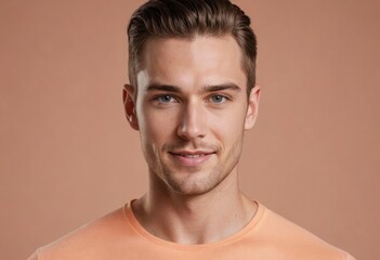 A man with a confident stare, wearing a peach t-shirt, his neat hairstyle and sharp gaze convey a strong and assured presence.