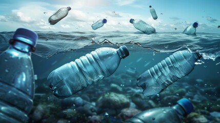Empty plastic bottles flood the ocean or sea. Concept of ecological disaster, environmental pollution, world ocean