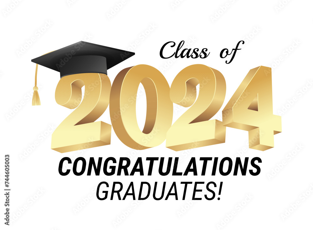 Sticker Class of 2024. Congratulations graduates gold graduation concept with 3d text and decorative elements. Graduation typography design template. Congrats graduates Flat style vector illustration