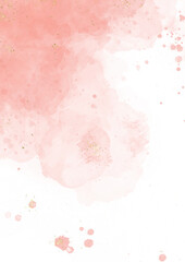 Abstract pink watercolor background for design.watercolor background with golden lines, dots and stains. Hand drawn illustration for Valentines Day or card templates for greetings or invitations.