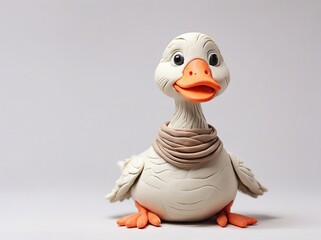 A funny surprised goose in a scarf made of clay or plasticine sits on a white background.
