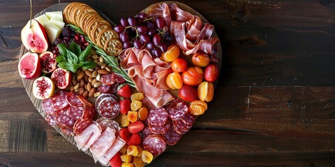 Heart-shaped charcuterie board filled with assorted meats, fruits and nuts for Valentine's day party, Generative AI