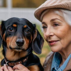 Old lady poses with her dachshund shepherd in the garden and hugs him affectionately